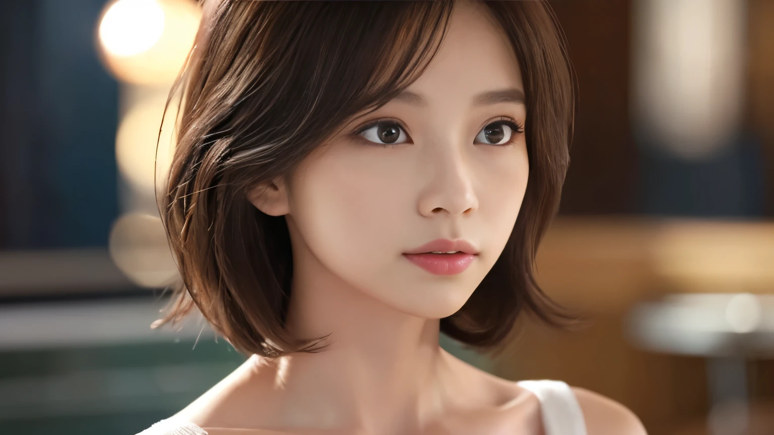 (highest quality、8K、32k、masterpiece、nffsw:1.2)、cute japanese women photos、big and full 、very short bobbed hair、Upper body、surface focus、extra large_sweater、necklace、Background of the café、From above、Viewer looking x4、(8K、RAW photo、highest quality、masterpiece:1.2)、(realistic、Photoreal:1.37)、1 girl、cute、professional lighting、photon mapping、Physically based rendering、gradient brunette hair、short curly hair、Handsome、girly、excellent image quality、High resolution、1080p、(clean face)、(Detailed facial description)、(Detailed hand explanation)、(Masseter muscle part)、(Detailed CG)、 extreme light and shadow、hair is dirty、masterpiece、rich details、(exquisite features)、(best image quality)、(masterpiece)、(detailed eye)、looking forward to your eyes、delicate clavicle、Various poses、Don'don't watch the mela、profile、Photographed inside the cafe、Spring clothes、simple necklace、light blue knit