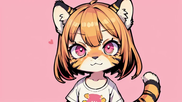 (obra maestra, Alta calidad, mejor calidad, 8K, high resolution), ((estilo chibii, Chibi lindo)), (solo, 1 girl), {Tiger Girl, cara de tigre, 2 colmillos, long eyelashes, delineador de ojos} {bigotes de tigre}, (((Piel de tigre por todo el cuerpo., Rayas de tigre en el cuerpo.))), (pelo naranja), cabello corto, Pinza para el cabello, [[Pinza para el cabello white flower on hair]], ((Muy feliz)), ((boca abierta)), ojos naranjas, [pupilas negras], ((buscando)), (very small breasts), brazos delgados, (un brazo arriba, un brazo hacia abajo), axilas, ((mini camiseta rosa, camiseta rosa completa)), {shorts blancos}, {{{mini cola de tigre, Cola en la espalda}}}, (cuerpo completo), (((de pie, jump angle))), dynamic pose, Fondo blanco, fondo sencillo, ((((Estilo Tora-chan no Hanayome)))), (old anime style 40s), estilo animado, anime color.