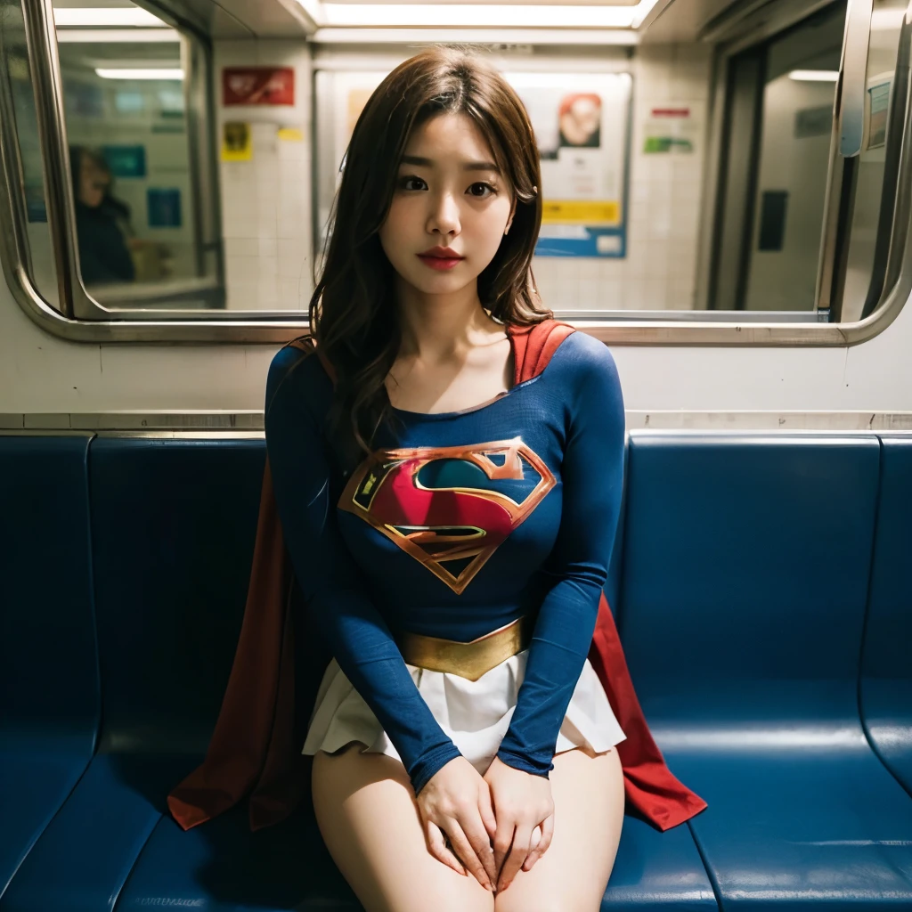 Busty Supergirl、Accurate Supergirl costume、subway、sitting in the seat opposite、Turn away、