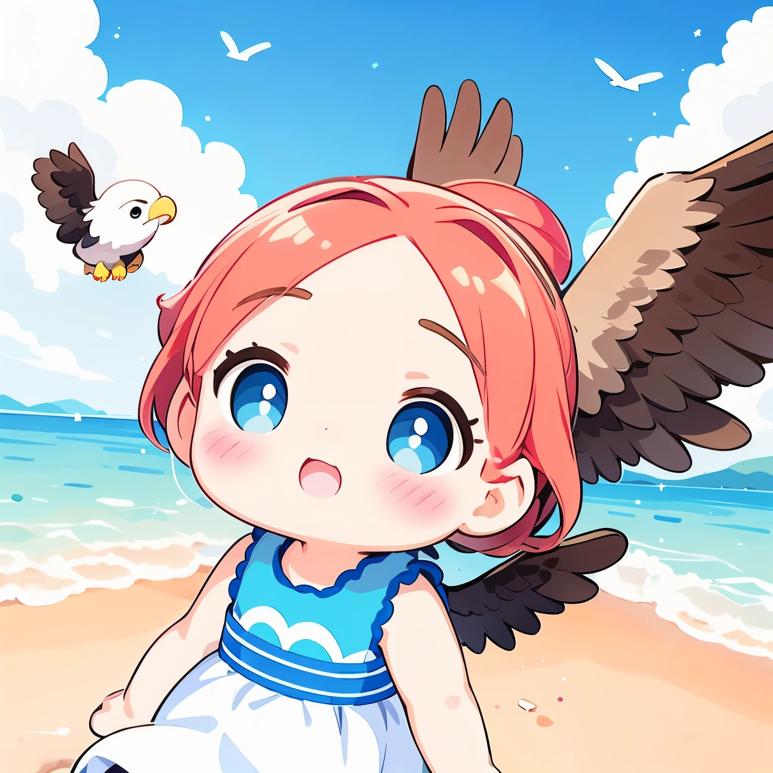 Photorealistic、Chibi Girl Doll(A flying through the sky on the back of an eagle)