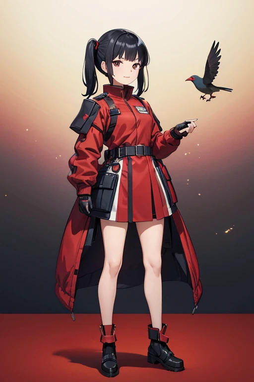 Anime drawings、Full body portrait、Space SF soldiers、A standing woman, about 165cm tall, about 35 years old, wearing red armor、Smiling、Her hairstyle is short twin tails.、Black Hair、A small bird is perched on the right hand side、There are small birds flying around