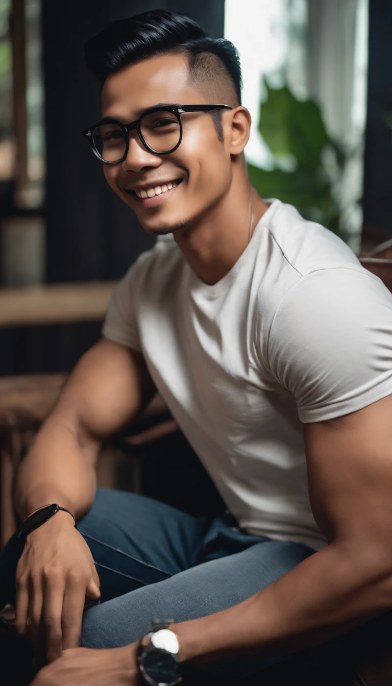 A handsome young Indonesian man smiling, 27 years old, black undercut hair, wearing an elegant t-shirt, muscle body, clear glasses, is sitting in a chair, the background is a relaxing place. Details are clearly visible. HD
