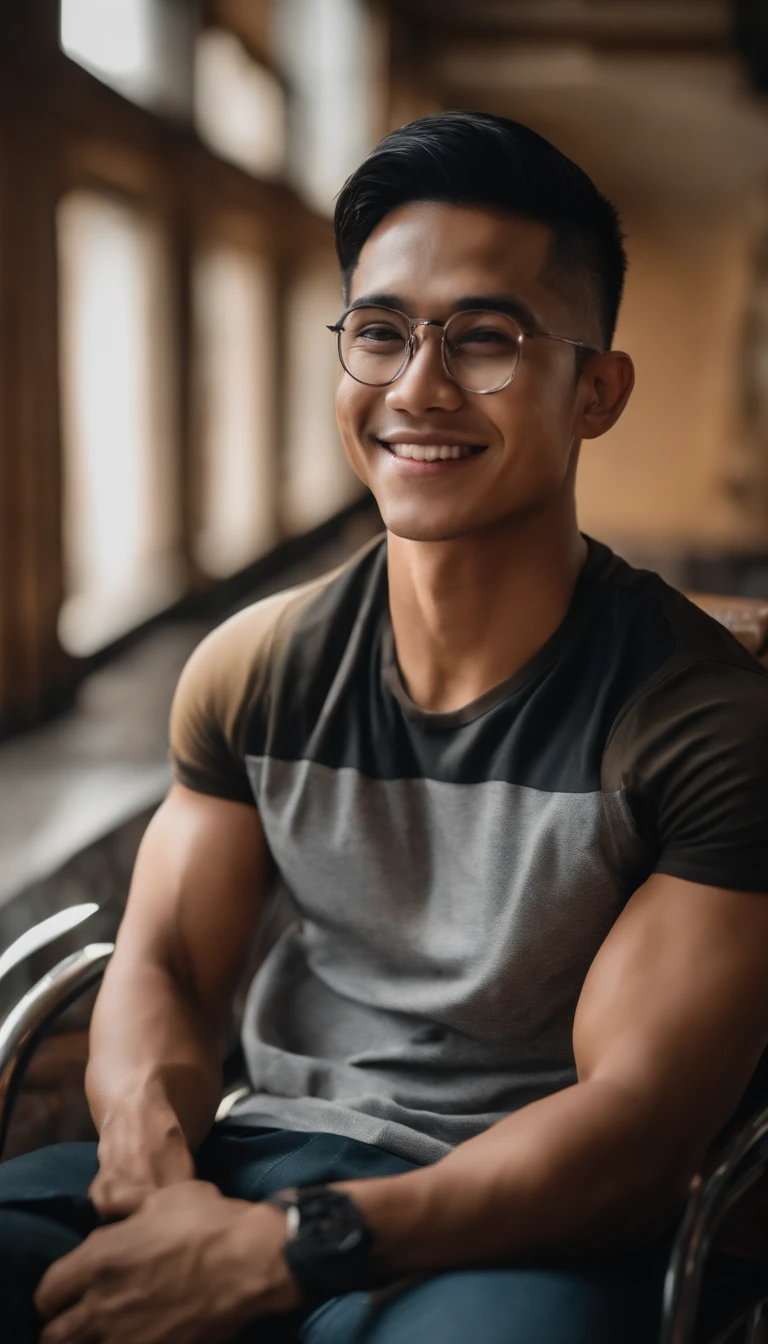 A handsome young Indonesian man smiling, 27 years old, black undercut hair, wearing an elegant t-shirt, muscle body, clear glasses, is sitting in a chair, the background is a relaxing place. Details are clearly visible. HD