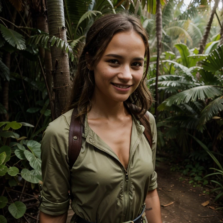 Alicia Vikander dressed in adventure clothing in the jungle smiling