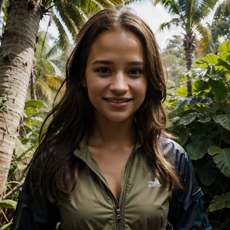 Alicia Vikander dressed in adventure clothing in the jungle smiling