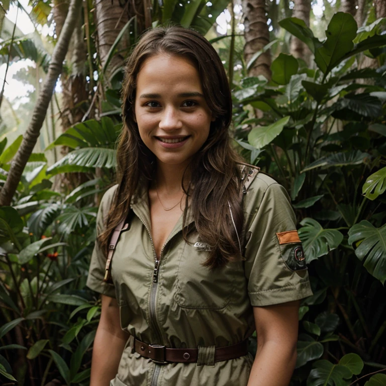 Alicia Vikander dressed in adventure clothing in the jungle smiling