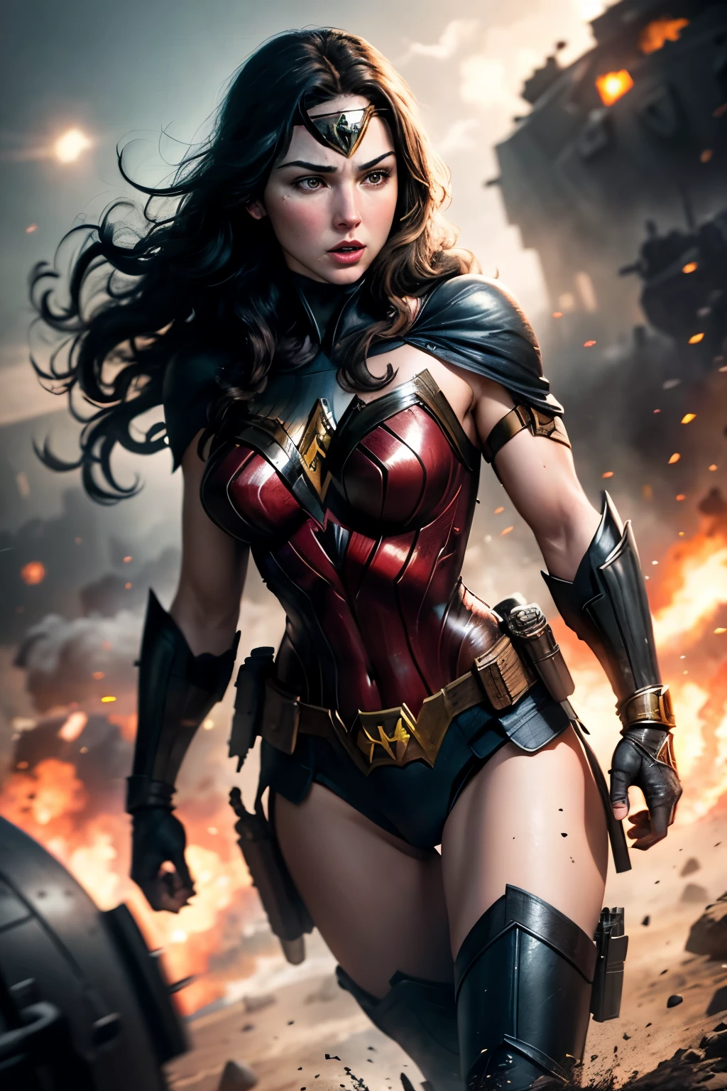 Ben Affleck as Batman, Wonder Woman as Gal Gadot, backgroud WWII tanks and soldiers with explosions, sky red, action scene, realistic, Fujifilm XT3, detailed, high definicion, ultra resolution, k,