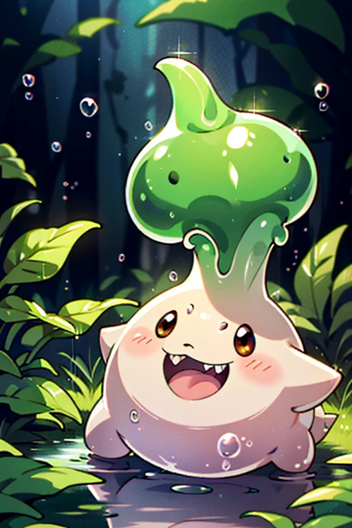 masterpiece, best quality, SFW, (safe for work),wide shot,1Digimon, solo, sharp teeth, elongated ears, wide mouth,tadpole shape, data type digimon, pink, (A slime-like digimon, with very long flappy ears, is amidst bubbles),digimon style,(in-training level digimon), dark forest background