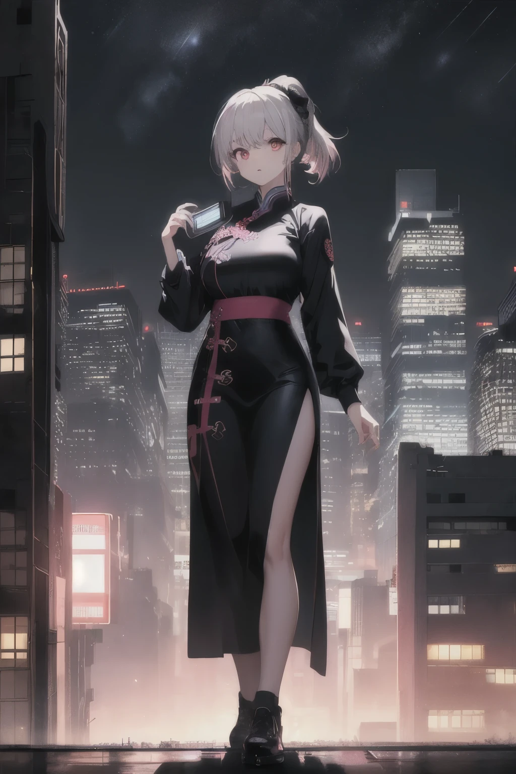 anime, (artwork, best quality, ultra-detailed, high contrast), 1 woman (Alone, full body, plus size body, standing on the edge of the skyscraper, silver hair, LONG In a ponytail, red eyes ruby stretches, (black qipao, black cybernetics with neon pink), transparent black socks), (skyscraper roof, overlooking a city, detailed background ((night time, Darkness, low light pollution)))