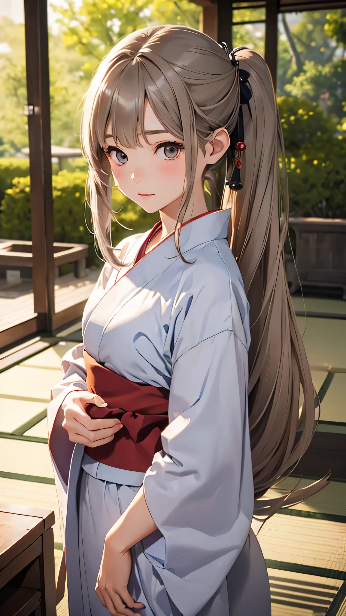 highest quality、Realistic、Japanese、zoom、cute、Gray Eyes、Chestnut Hair、ponytail、White yukata