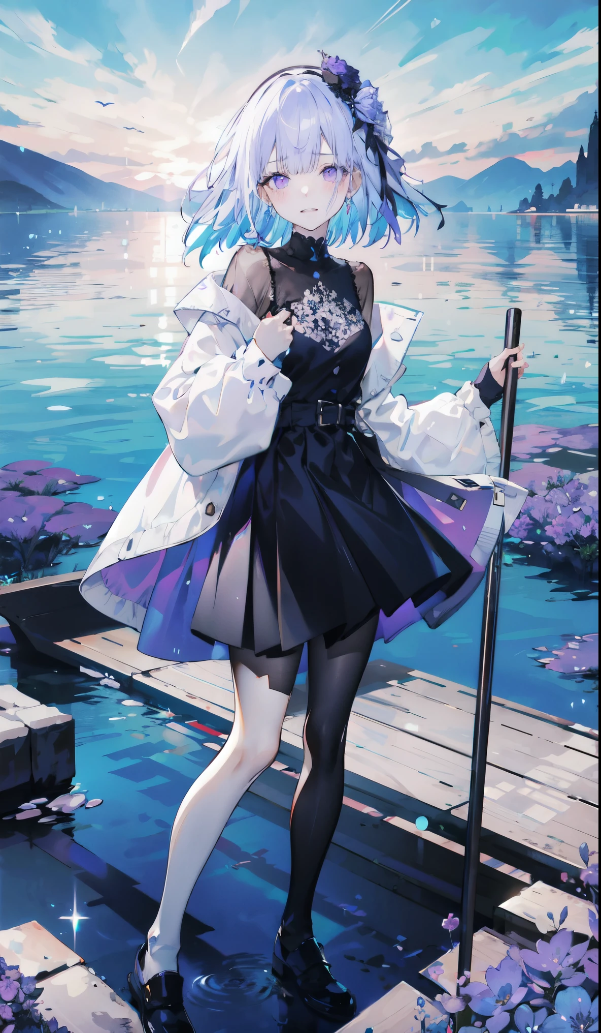((masterpiece:1.4,best quality)),(Super detailed),(Extremely detailed eyes),(Black leggings,Shiny socks:1.5),Hello Darkness
(Sexy girls),(28 year old girl),(Blood-red pupils,Diamond-shaped pupil:1.15),Purple Eyeshadow,(Elongated hair,Thick hair,shiny hair:1.5)(Variza:1.2),Fair skin,despair,Grief,Empty eyes,Tears streaming down my face,tilt head to one side,Kneel down
(She wears blue armor,A blue dress,:1.5),Very long plush sleeves,White,White Cloud,Dream bubbles ,Ice and glitter effects
(Black long skirt:1.1),
(dawn:1.2),
(Intense black and white:1.16),(Depth of Field:1.4),,Intricate details,(Sky Castle,Standing on the lake,Purple flowers by the lake)