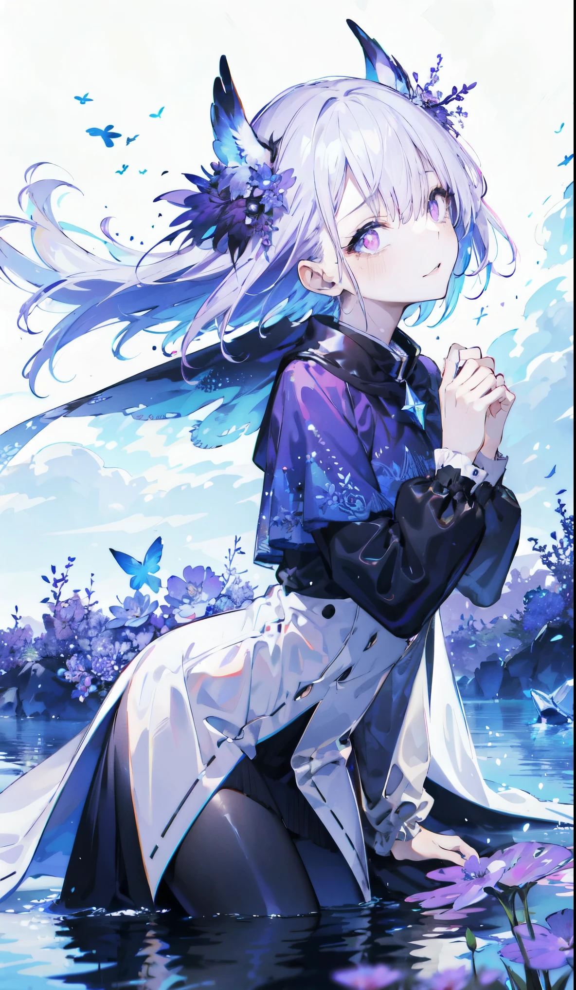 ((masterpiece:1.4,best quality)),(Super detailed),(Extremely detailed eyes),(Black leggings,Shiny socks:1.5),Hello Darkness
(Sexy girls),(28 year old girl),(Blood-red pupils,Diamond-shaped pupil:1.15),Purple Eyeshadow,(Elongated hair,Thick hair,shiny hair:1.5)(Variza:1.2),Fair skin,despair,Grief,Empty eyes,Tears streaming down my face,tilt head to one side,Kneel down
(She wears blue armor,A blue dress,:1.5),Very long plush sleeves,White,White Cloud,Dream bubbles ,Ice and glitter effects
(Black long skirt:1.1),
(dawn:1.2),
(Intense black and white:1.16),(Depth of Field:1.4),,Intricate details,(Sky Castle,Standing on the lake,Purple flowers by the lake)