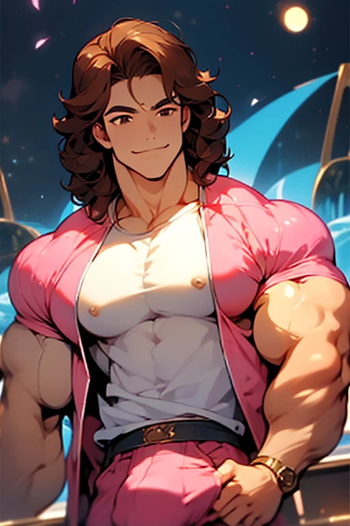 avatar,short wavy hair, white shirt,pink jacket, young male, brown eyes, night time, brown hair, smirk, golden crown, huge bulge