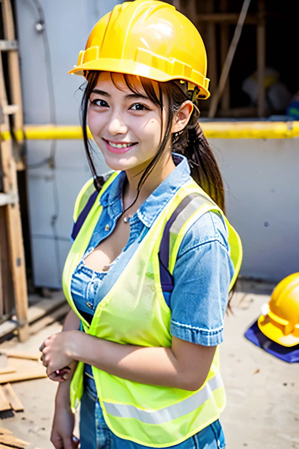 (Best Quality, masutepiece, The most complex and detailed depictions)、(1 korean Female Traffic Guide、Female Traffic Officer、smile、Beautiful smile、dignified expression、Stand on the road at night、Standing on the side of the road、Stand on the edge of the road、Performing Traffic Guidance、Woman working in traffic guidance)、(((girl all nude)))、((girl wearing helmet))、(girl Wear a navy armband on your arm)、she has one glowing induction rod、Owns one precision induction rod、(((Grip one induction rod)))、Hold one glowing induction rod、straight haired、Smile at the camera、a dark night、background is city at night、standing on the road、Take a photo above from your lap、Perfect fingers、big breasts、short-hair、straight haired