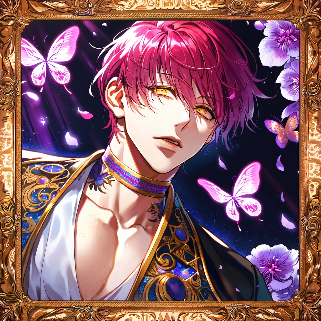 Ultra detailed, Highres, absurdres, HDR, Hisoka Morou, red fuchsia hair, expressive golden eyes, black coat with patterns, Hunter X Hunter, white shirt, fantasy, glittering purple butterflies, petals, handsome, sexy man, solo, very detailed eyes and face, master piece, toned chest, glittering, purple flowers, tattoo on his neck,