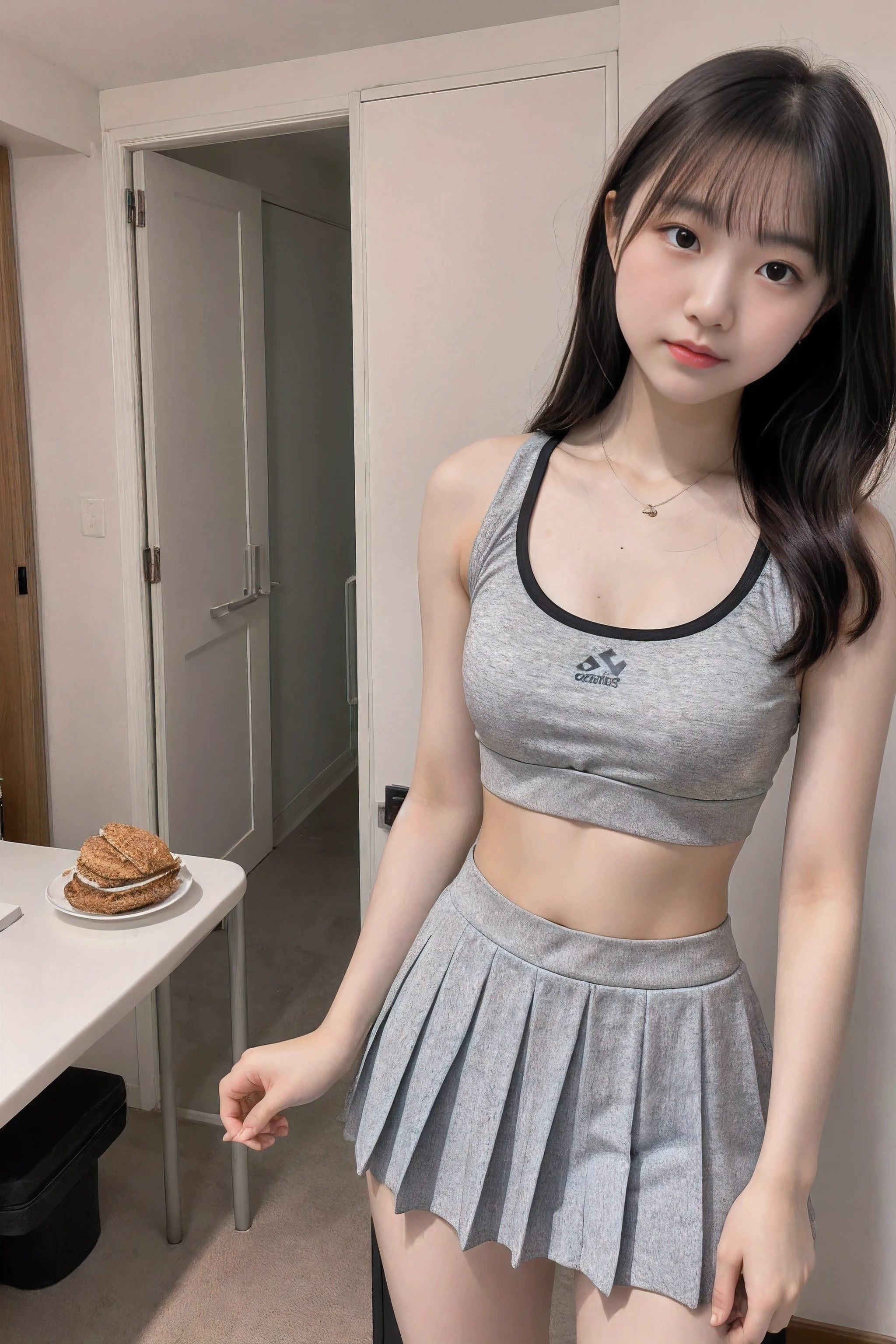 1 girl, , standing in a room, Sports bra,Pleated micro mini skirt