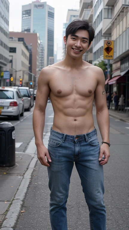 Korean young man, topless, blue jeans, modern hair, robust body, wide torso, smiling, full body, piernas abiertas, sentado