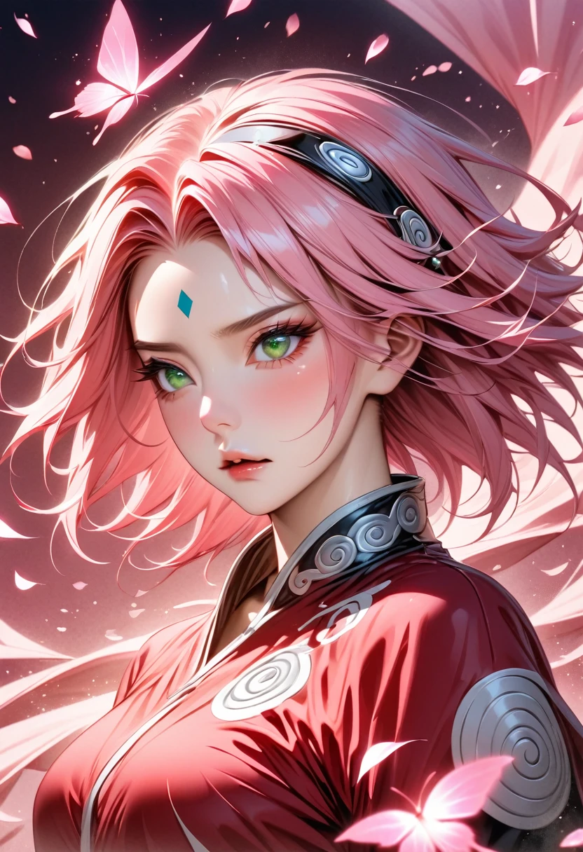 absurdres, highres, ultra detailed, HDR, master piece, best quality, Haruno Sakura, pink short hair, expressive green eyes, Naruto Shippuden, solo, woman, beautiful, red clothes, pink butterflies, petals, pink flowers, magical, fantasy, glittering, pink background