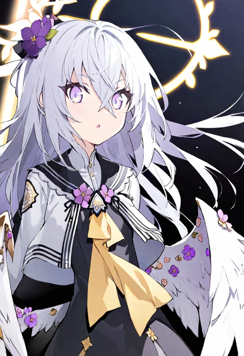 azusa \(blue archive\),AddXL 1girl angel_wings black_dress black_footwear boots crescent_halo dress feathered_wings flower grey_hair hair_between_eyes hair_flower hair_ornament halo jacket long_hair long_sleeves looking_at_viewer open_mouth purple_eyes purple_flower simple_background solo white_background white_jacket white_wings wings yellow_halo