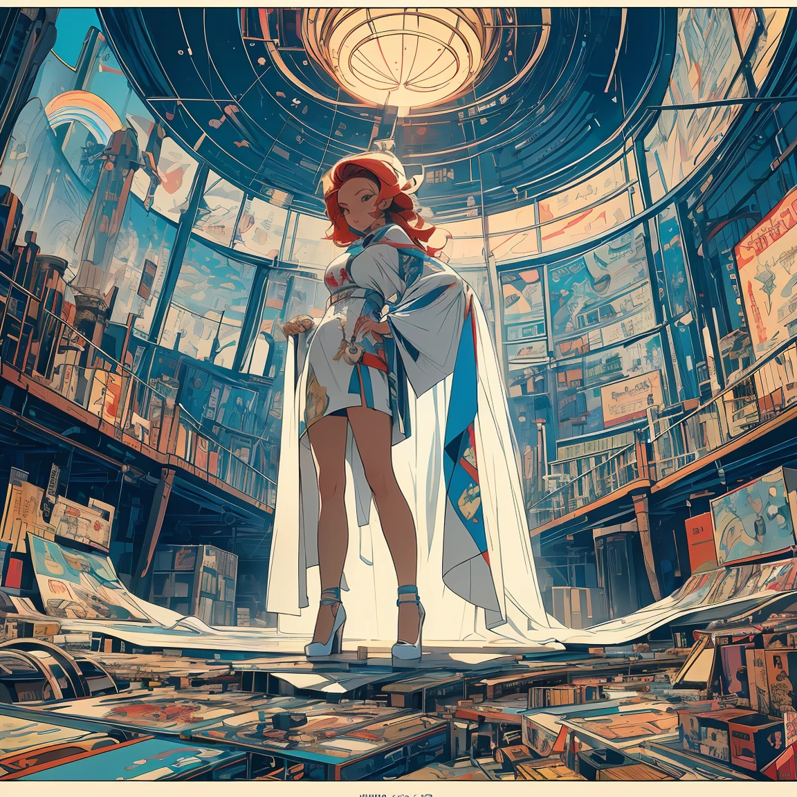 (masterpiece, highest quality), 32k,(A very detailed beautiful woman), poster,science fiction,1960s,1970's,bauhaus, shape, OK, abstract, propaganda,movie poster, vintage,retro,Futuristic,anime,ultimate map,Perfect rainbow,highlight,highly detailed eyes, full body view, gorgeous body.
