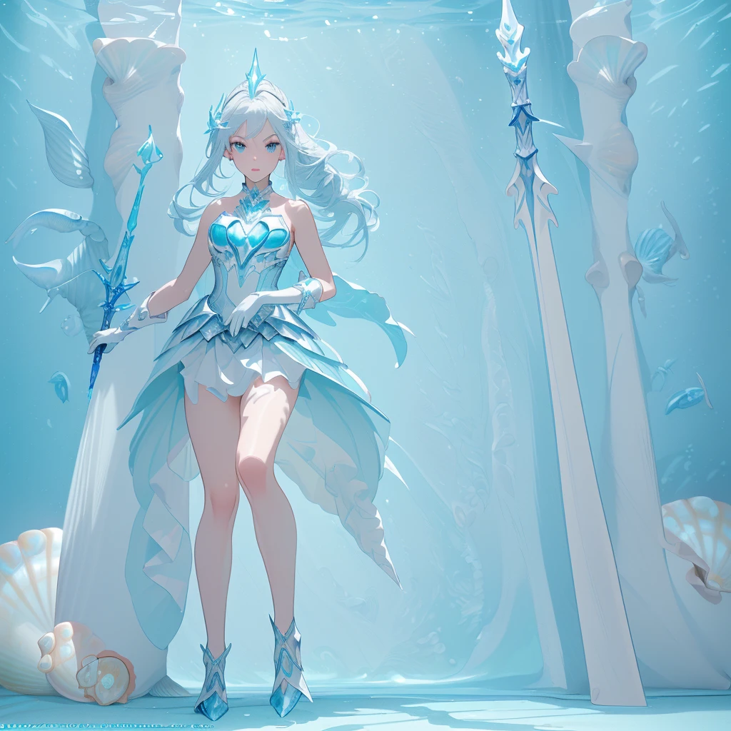 Design a layout showcase Gaming character, (1girl). Blue+Silver outfit, sleek and aquatic, ((showcase weapon:1.4)), trident, (masterpiece:1.2), (best quality), 4k, ultra-detailed, (Step by step design, layout art:1.5), (underwater lighting, rippling light), mermaid, ((scales on arms)), (((shell gloves:1.3))), flowing skirt, finned feet, (((full_body_shot:1.4)))
