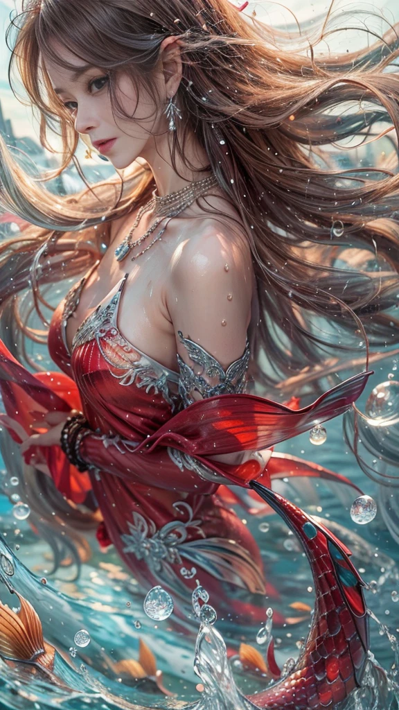 (RAW shooting, The perspective is from the top, Dynamic flow of water waves:1.2, 32k:1.5, highest quality, masterpiece, Ultra-high resolution), (night, Ocean:0.7, Elegant background:0.7, Mystical Expressions:1.3, Expressions of sadness:1.0), Perfect dynamic composition:1.3, 非常にdetailedな肌と顔の質感:1.3, (Slim Mermaid:1.3, Mermaid tail), Random Shot, Fair skin:1.2, Incredibly slim body:1.2, Fractal Art:1.1, Very beautiful face:1.1, Water droplets on the skin, detailed, (Rain drips down on my body:0.9, Wet body:0.9, Wet Hair:1.0), (Posing Pro:0.9, With a wet bouquet:0.9, Gorgeous red shiny mermaid dress portrait:1.1, Woven Belt), Shapely breasts, (Big eyes that exude beautiful eroticism:0.5, Lips that exude beautiful eroticism:0.5), Totally captivates you, Very sweet atmosphere, necklace, Earrings, bracelet