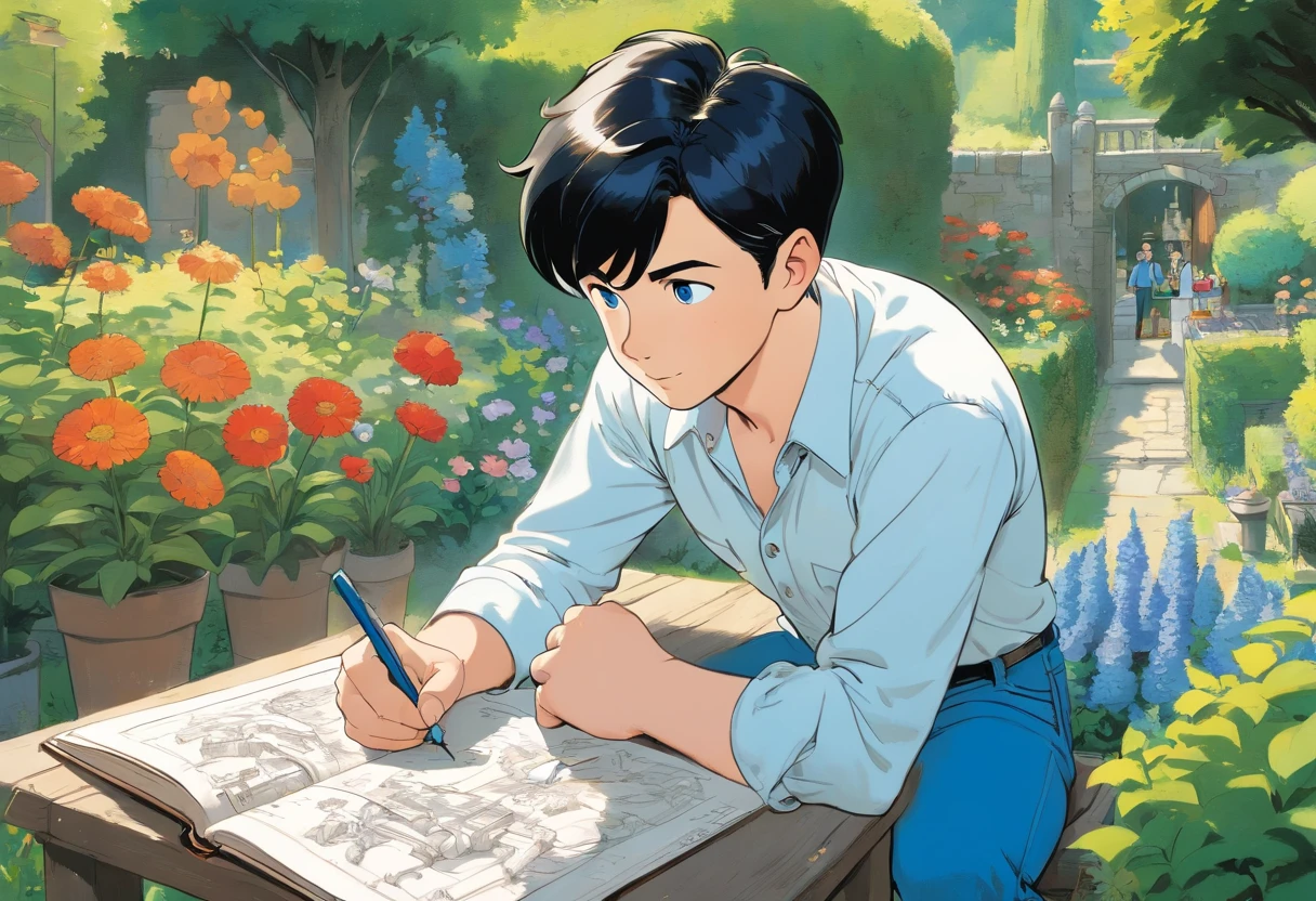 Tintin, male wearing white shirt and blue blue denim pants drawing on a sketchbook at a garden, short black hair, herge, european comics, with blue eyes white cat