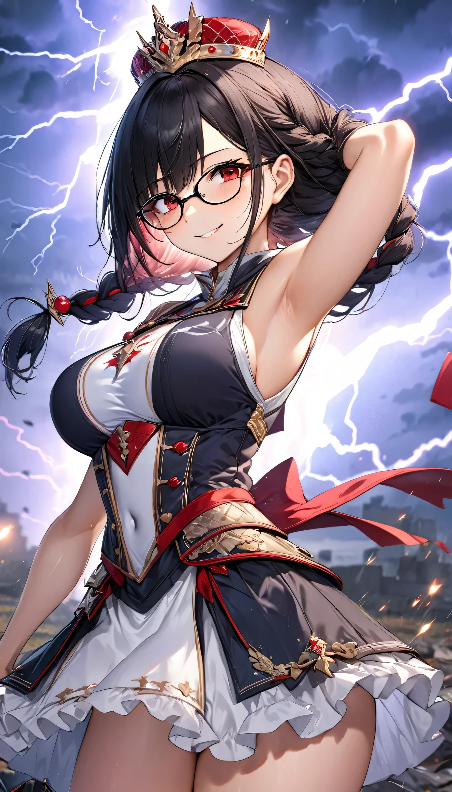 (solo long braid hair black hair cute femdom girl, detailed red eyes, angry smile, glasses, 18 yo, big:0.6 tits), (left arm up to sky), (left hand with lightning:1.4, shooting lightning:1.3), (in a detailed Magic Queen Dress), BREAK, panoramic (in the battlefield), (background a lightning:1.6), perfect anatomy, masterpiece, best quality, 16k.