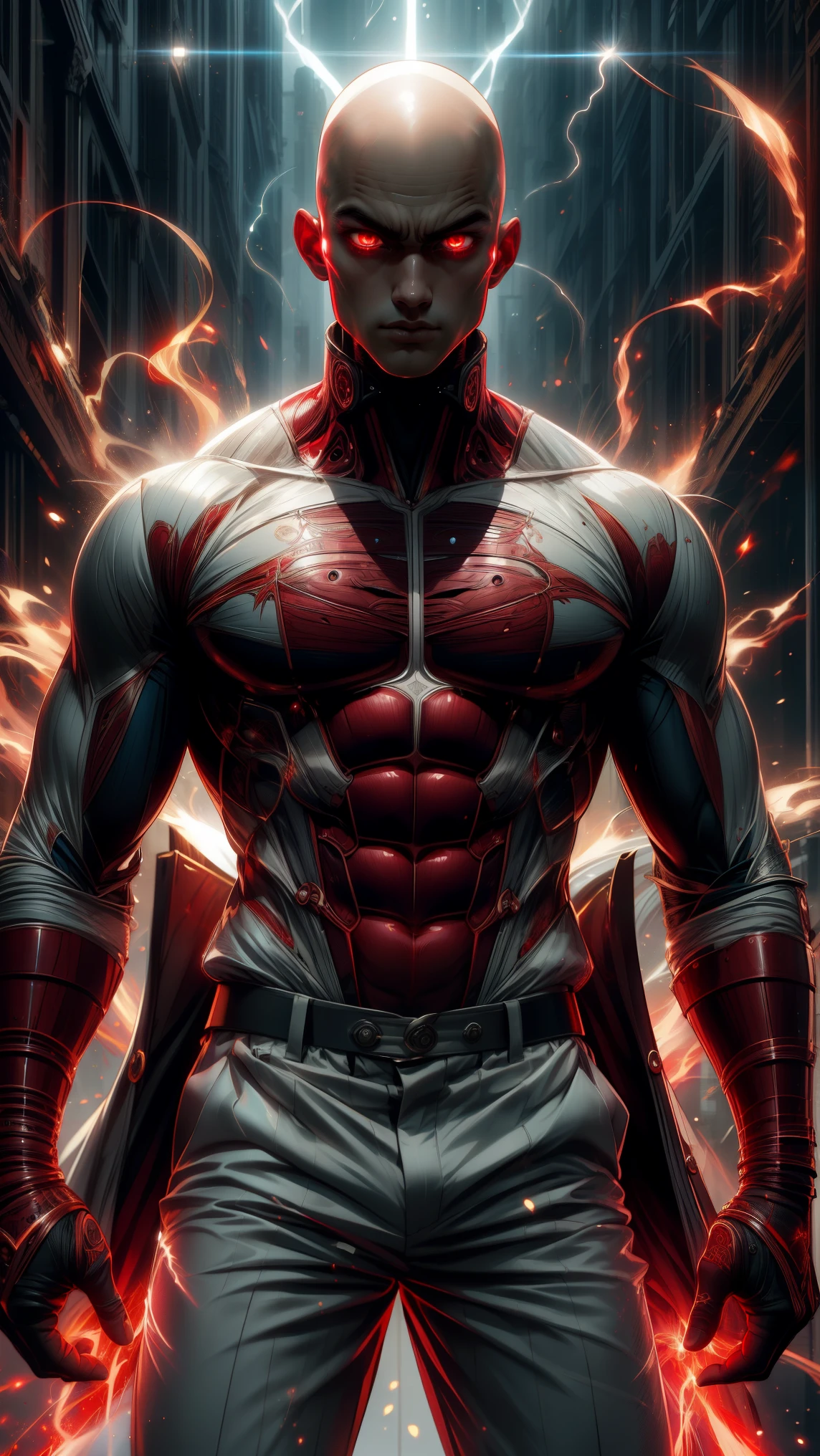 "Enjoy a visual feast as you witness the astonishing transformation of handsome 20-year-old Saitama, a being of unparalleled strength and captivating aura. With brilliant short-cut black hair and red eyes penetrating, this energetic person will surprise you."