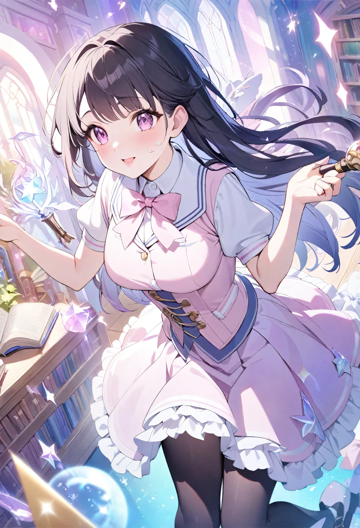 (best quality,4k,8k,highres,masterpiece:1.2),ultra-detailed, fantasy setting, Magic school, (1girl), high school boy magically transformed into a cute school girl, long black hair, fair skin, colorful lighting,fantasy world,pink eyes,gender bending,cute school girl fashion,dressed in a pink fantasy girl’s uniform with corset,a ribbon tie and knee-length skirt, petticoat,puffy sleeves, black stockings and mary jane shoes, feminine outfit,holding a magic wand,sparkling magic,female transformation spell,magical aura,mirror reflection,amazed expression,fantastical scenery,enchanted school environment,bookshelf filled with magical books,textbooks with floating letters,hairstyling tools,sparkles raining down,sparkling stars,soft and pastel colors,expressive facial features,girlish smiles, happy and confident poses,wonder and joy in her eyes,lively and dynamic composition,shimmering and glowing effects,enchanted ,eye-catching accessories,beautifully detailed lips,school bag with magical elements,subtle surreal elements,life-changing moment