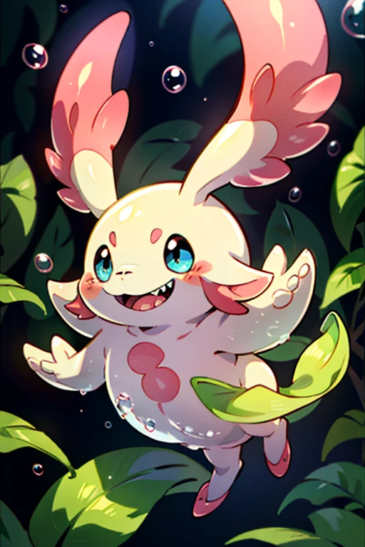 masterpiece, best quality, SFW, (safe for work),wide shot,1Digimon, solo, sharp teeth, elongated ears, wide mouth,tadpole shape, data type digimon, pink, (A tadpole-like digimon, with very long ears, is amidst bubbles),digimon style,(in-training level digimon), dark forest background