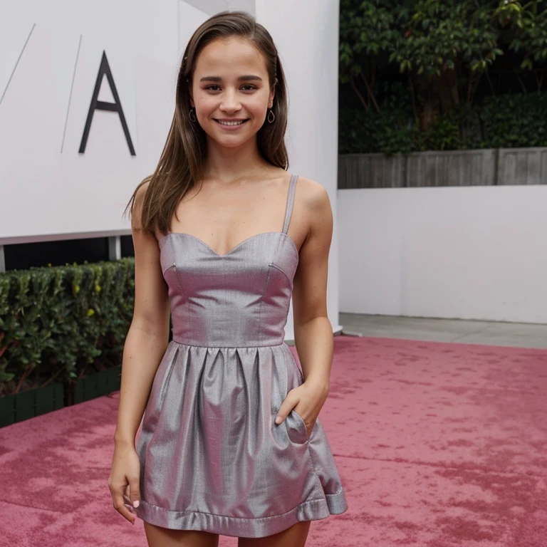 Alicia Vikander wearing short tight magenta and gray dress smiling