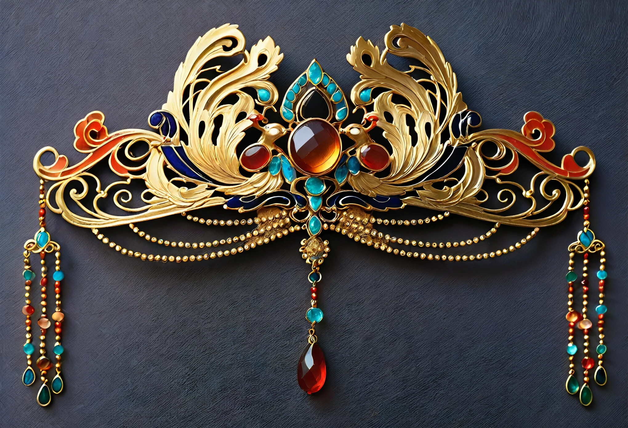 A decorative pattern with a bird on it, Very gorgeous, Chinese headdress,Metal,gold,gem
