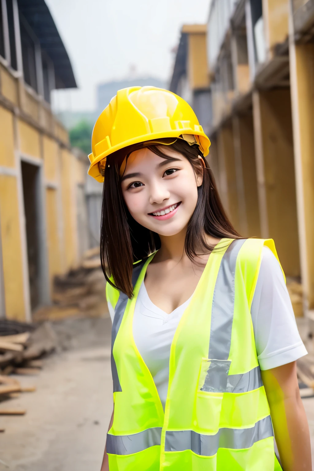 A 19-year-old girl with a very cute face like an idol who looks 15.、Gentle and cute、A kind smile、Building construction workers Yellow Helmet、Work clothes、Cleavage、whole body、3Male construction worker、3Male construction worker、RAW Photos、Genuine、Genuine、High resolution、Genuine Life