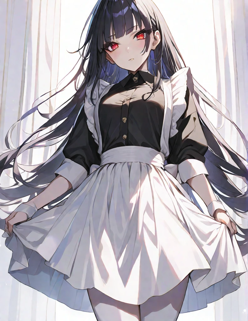 solo, handsome, 1. Female, Hime cut,Straight Long Hair, black hair, red eyes&Soft look, Gojo Satoru ,Maid,,skin,Sexy,White background