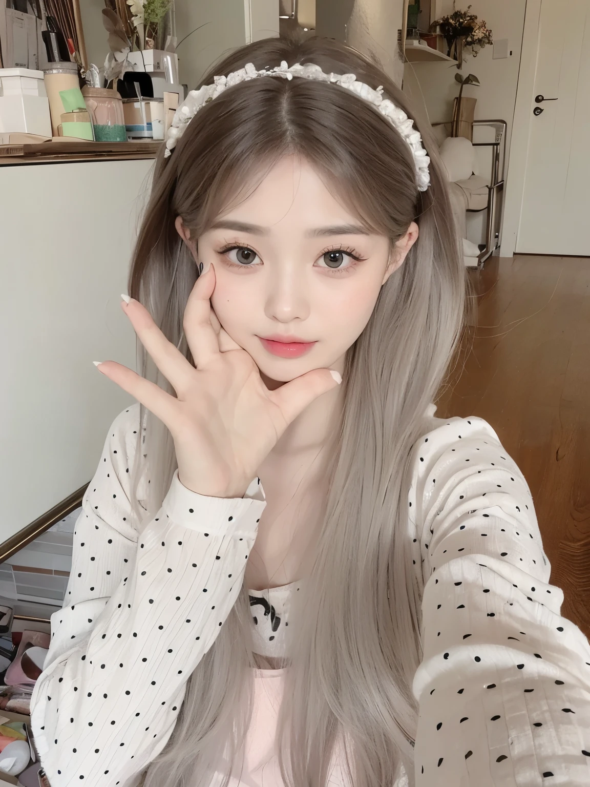 masterpiece, best quality, Girl wearing polka dot top,Gradient gray hair,Flowing long hair,Long straight hair,pretty girl,a girl,Exquisite facial features,