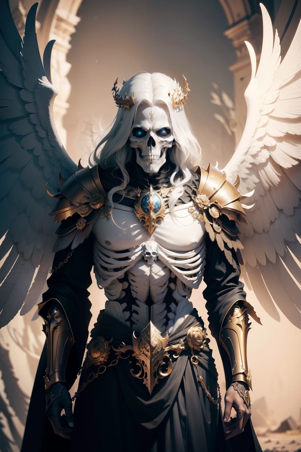 Skeleton King (1.2 - best quality, 8k, highres, masterpiece)
An ultra-detailed, photorealistic (1.37) composition unfolds in this extraordinary piece, showcasing a Skeleton King with an angelic aura. His skull is adorned with intricate armor, gleaming with meticulous detail and a majestic, swooping design that suggests the power of flight. His angelic face and wings, constructed with intense precision (1.1), are breathtakingly beautiful, emanating an ethereal connection.
The Skeleton King's gaze is intense and piercing (1.1), his gle