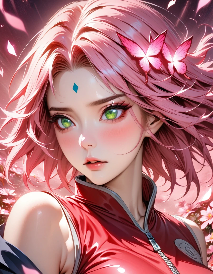 absurdres, highres, ultra detailed, HDR, master piece, best quality, Haruno Sakura, pink short hair, expressive green eyes, Naruto Shippuden, solo, woman, beautiful, red clothes, pink butterflies, petals, pink flowers, magical, fantasy, glittering, pink background