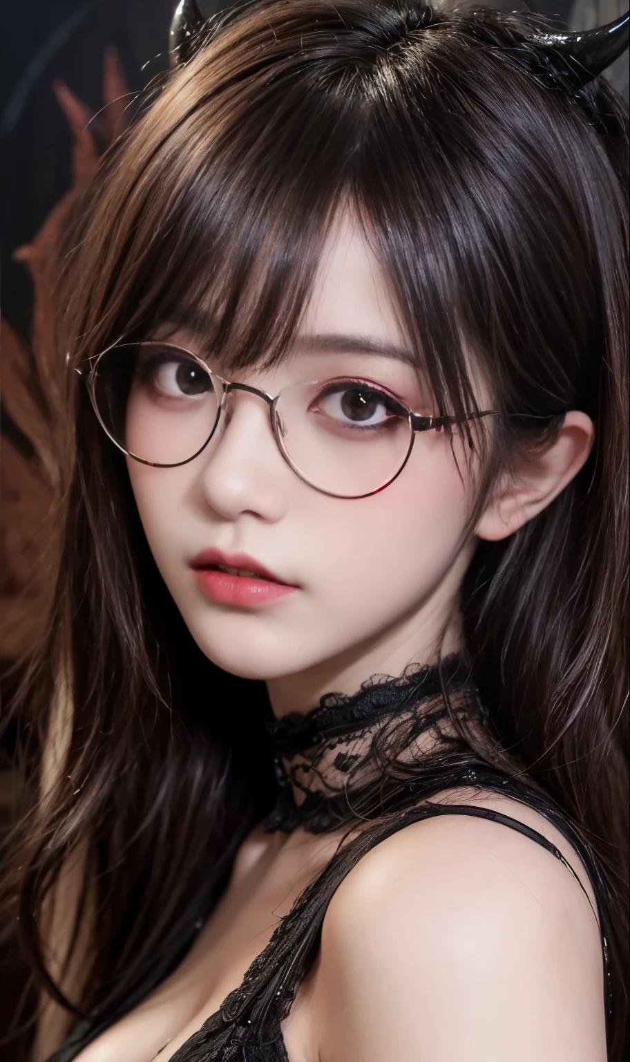 (best quality,4k,8k,highres,masterpiece:1.2),ultra-detailed,(realistic,photorealistic,photo-realistic:1.37),concept art,oil painting,gouache,horror theme, devil 1girl,elegant,cunning,abstract background,renaissance,(devil:1.5)、((((Glasses)))),chaotic and cunning,red and blue color pallet,horror vibe