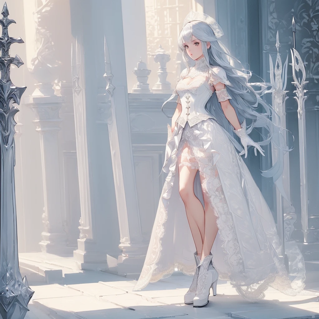 Design a layout showcase Gaming character, (1girl). Silver+White clothes, elegant and pristine, ((showcase weapon:1.4)), rapier, (masterpiece:1.2), (best quality), 4k, ultra-detailed, (Step by step design, layout art:1.5), (ethereal lighting, soft lighting), duelist, ((feathered hat)), (((lace gloves:1.3))), corset dress, thigh-high boots, (((full_body_shot:1.4)))