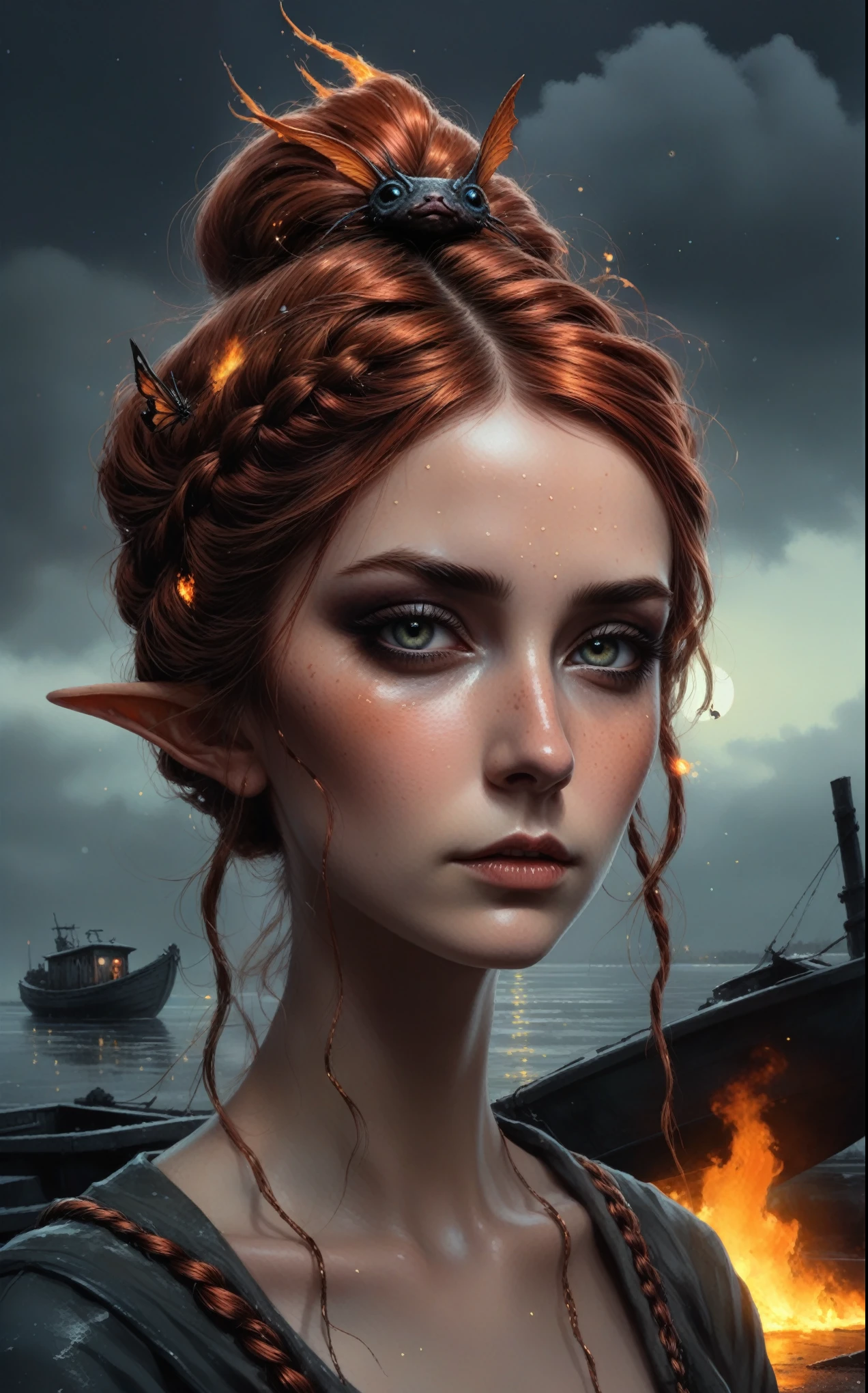 ((dark copper fairy-assassin )),Side Inside-Out Braid and a Low Bun,elf,freckles,pretty face,eyebrow up,full body shot,slate gray atmosphere,Simon Stalenhag,Nicola Samori,Wangechi Mutu,prime colors,Lisa Frank, ,ominous urban style,extremely detailed, [ominous night landscape],masterpiece,intricate details,faded,eyes extremely detailed, high detailed eyes,4k resolution,RAW, Nikon Z9,seaside,boats in flame,looking guiltily,winter
