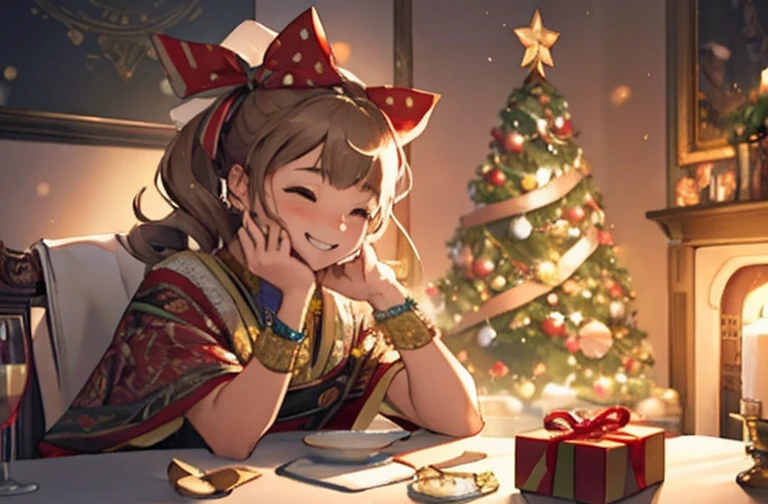 Masterpieces with up to 16K resolution:1.6), (Intricate details:1.4), (Very crazy details:1.4),(highest quality:1.3). | Realistic,gift,table,Decorations,wrapping ,ribbon,present,Holiday spirit,Vibrant colors,Warm lighting,Cozy atmosphere,toy,card,Joyful,celebration,Exquisite detail,An exciting surprise,光沢のあるDecorations,Sparkling,Beautifully packaged,Excited kids,Expectations,Fun moments,Great memories,Family Gatherings,Bright Face,abundance of present,High resolution,超High resolution,Studio Lighting,Ultra-fine painting,Sharp focus,Physically Based Rendering,Professional,Vibrant colors,Bokeh.