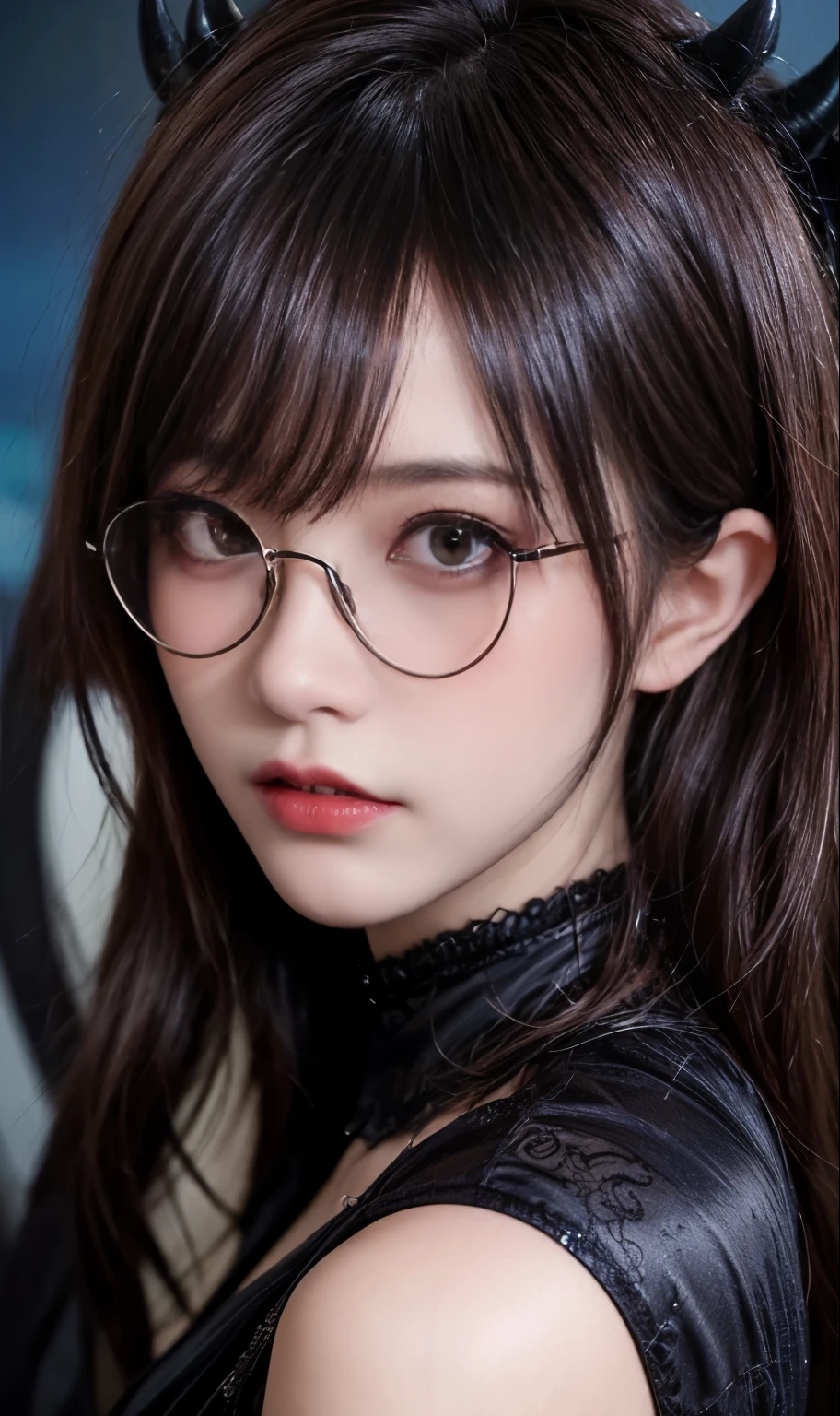(best quality,4k,8k,highres,masterpiece:1.2),ultra-detailed,(realistic,photorealistic,photo-realistic:1.37),concept art,oil painting,gouache,horror theme, devil 1girl,elegant,cunning,abstract background,renaissance,(devil:1.5)、((((Glasses)))),chaotic and cunning,red and blue color pallet,horror vibe
