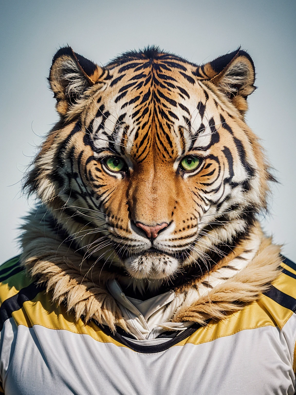 a hyper realistic photograph of 1 tiger wearing a sport Jersey, with incredibly detailed yellow-green eyes, ultra realistic fur, masterpiece, best quality, 4k, 8k, highres, extremely detailed, vivid colors, photo-realistic, studio lighting, physically-based rendering
