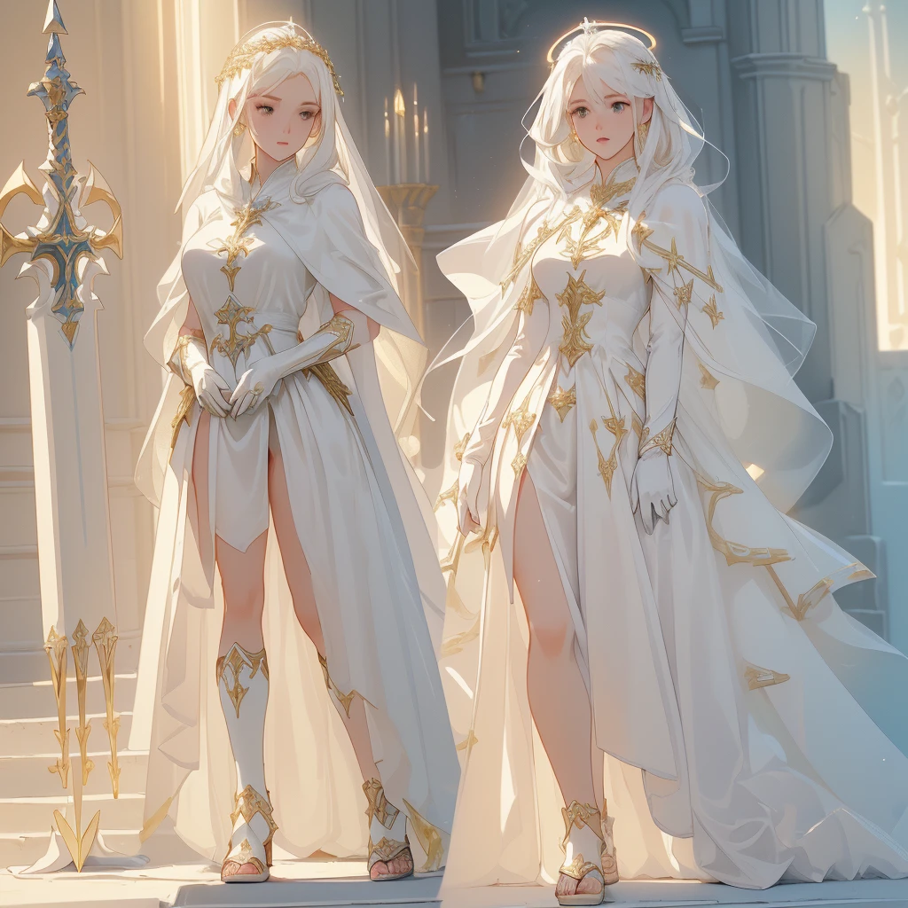 Design a layout showcase Gaming character, (1girl). White+Gold outfit, divine and radiant, ((showcase weapon:1.4)), holy staff, (masterpiece:1.2), (best quality), 4k, ultra-detailed, (Step by step design, layout art:1.5), (heavenly lighting, soft glow), priestess, ((halo above head)), (((silk gloves:1.3))), flowing gown, sandals, (((full_body_shot:1.4)))
