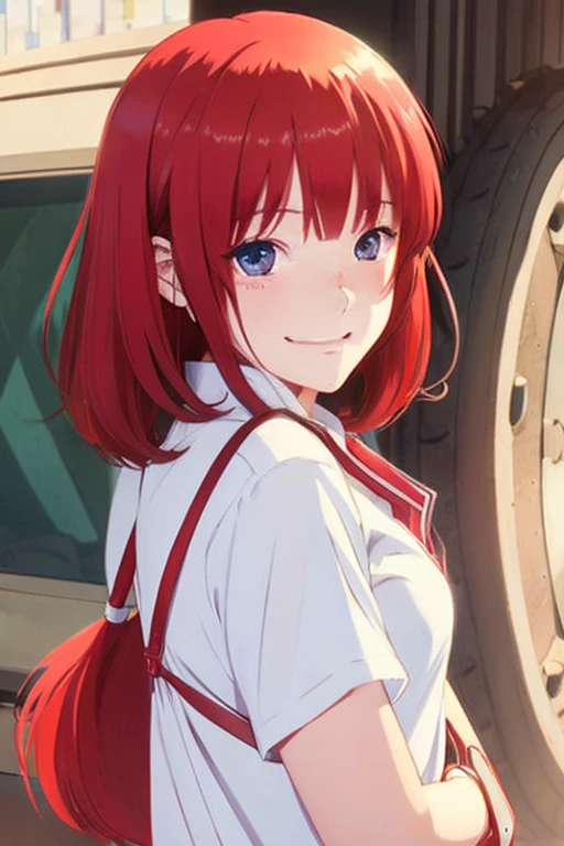 anime Illust,Girl around 14 years old with red hair, 1 girl, solo, red hair, short hair, looks at the viewer, looks happy, looks a little sleepy