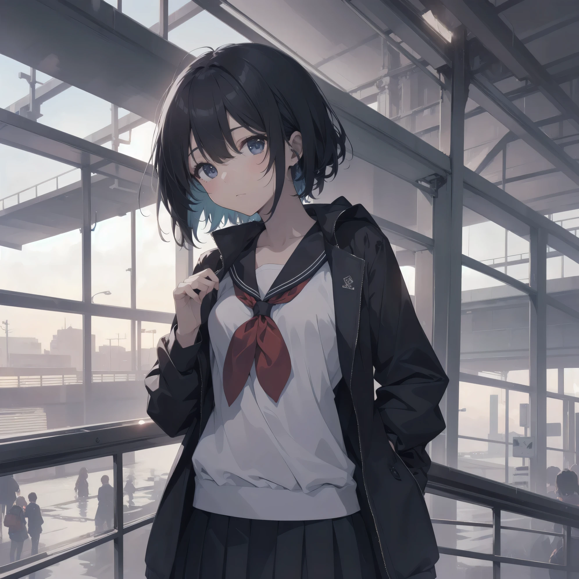 ultra-absurdres-Top quality by artist God, ultra-detailed, high resolution, anime moe artstyle, best anime 8k konachan wallpaper, pixiv contest winner, pool:2810, perfect anatomy,break, 1girl, (Please draw a girl walking sleepily to school alone. )break,(Solo,little female, 13-year-old:1.3),Full limbs, complete fingers,a junior high school student, (very short hair), short cut, flat chest, , small butt, small black eyes, beautiful detailed eyes, well-proportioned iris and pupils, expressive eyes, highres detailed hair, soft expression, salor school_uniform, sailor collar, serahuku, bow, pleated skirt,(Detailed Lighting), (Detailed background), in the School commute route. break,super detailed skin, Best cinematic lighting powered by famous artist, 8k,beauty illustration,photoshop_(medium),very aesthetic,break,((artist:yua_(checkmate) )), artist:clamp ,artist:carnelian ,artist:kantoku ,