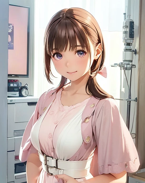 High resolution,In 8K,highest quality,detailed,Semi-realistic anime,Anime 3D Style,Smooth anime CG,One Girl,19-year-old woman in Japan,slim,Modeled,Shiny brown hair,Medium Hair,detailedな顔,Beautiful and detailed,Glowing Skin,straggling hair,((Pink belted dress)),(Small breasts),((Deep, deep blue, shining eyes)),((Looking at the audience)),((Open your eyes)),((large, round eyes)),((Shut your mouth.)),((Laughter)),