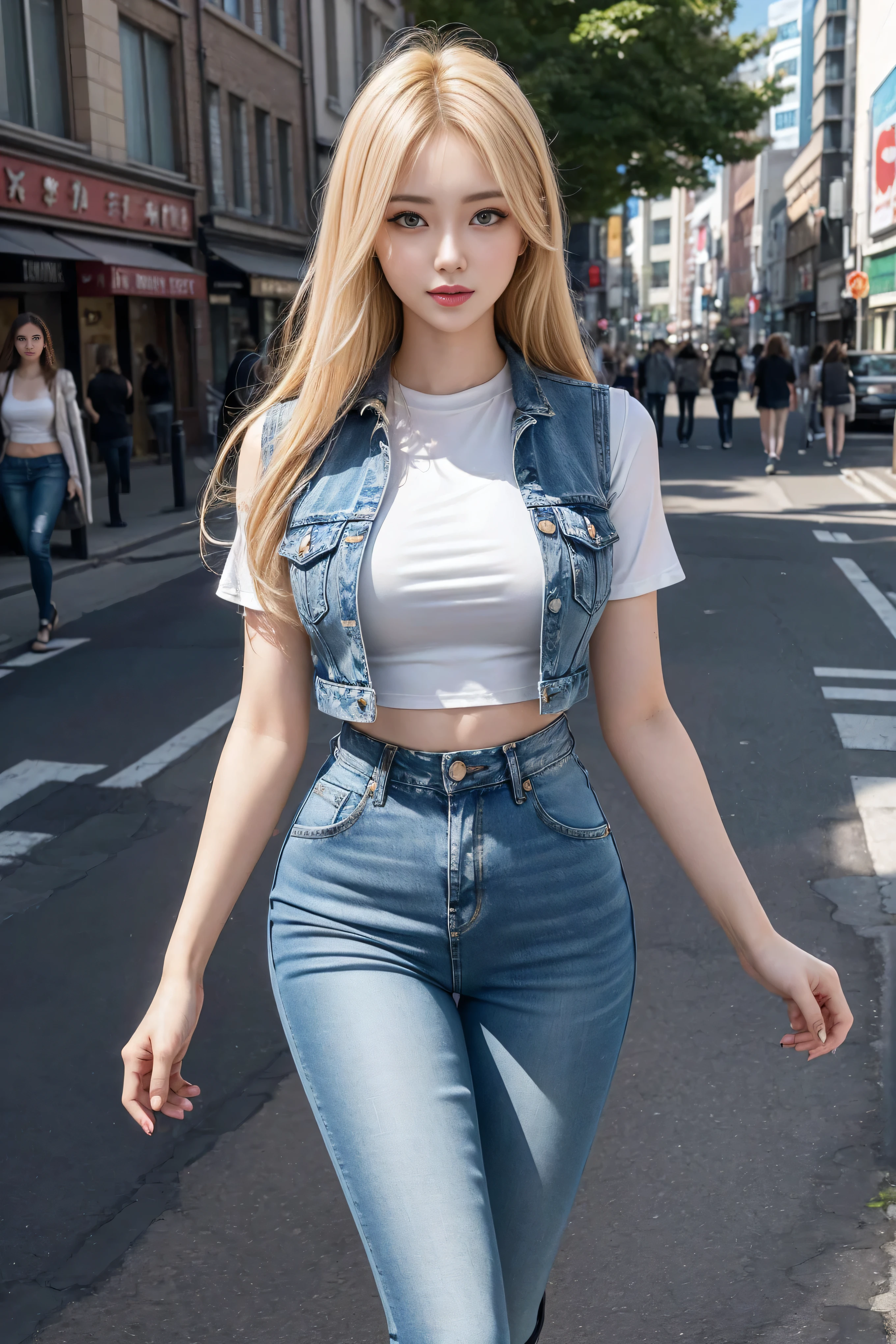 ((Realistic lighting, best quality, 8K, masterpiece:1.3)), (Lock focus:1.2), (2 sisters),(Beautiful woman with perfect figure:1.4), : 2 beautiful Korean girls, Korean pop idol,Leg length,(Pale skin), (big eyes),(Smile:0.8),(Plump and sexy lips), Complex and detailed face, ((Super delicate skin)),Delicate face,Ultra-thin face,Fine Eyes,Double eyelids,((blonde)), (White lace underwear:1.4),Background Shibuya street,emphasize,Ultra-thin face,Fine Eyes,Double eyelids,(Start from below:1.attitude,(Mid-chest:1.2),Sexy long legs, (Thigh gap:1.5),Wide hips,S-Shaped Body,Vest line, Hips lifted,Leg length,Skinny denim trousers,Shooting from the front,Body proportions,Over-the-knee leather boots,