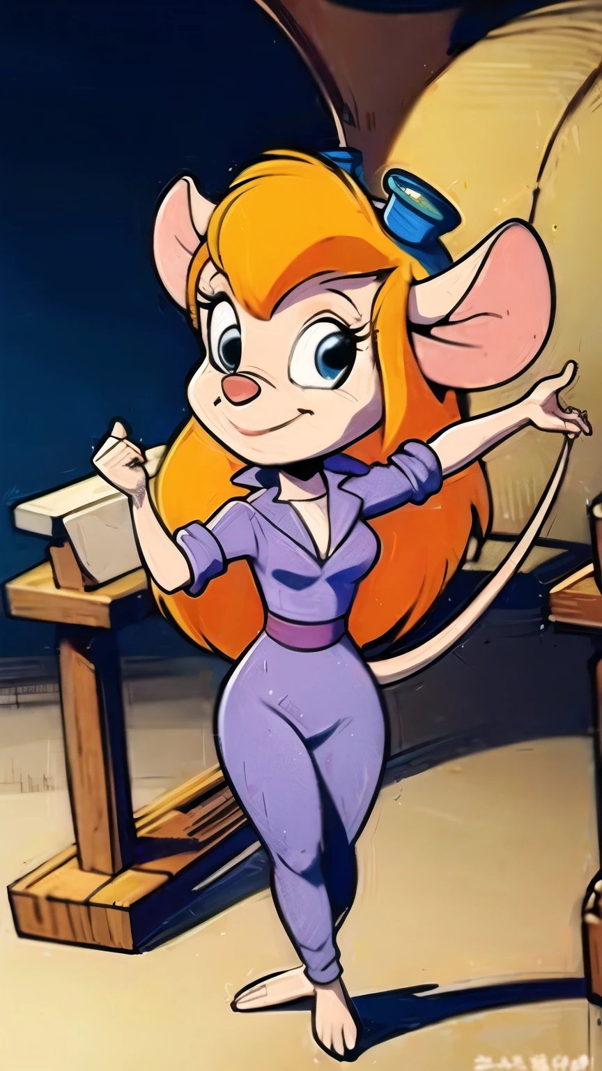 CARTOON_gadget_hackwrench mouse, mouse girl, animal nose, orange hair, jumpsuit, goggles on head, bare feet, animal feet, smiling, long mouse tail, workshop background, work bench, cleavage